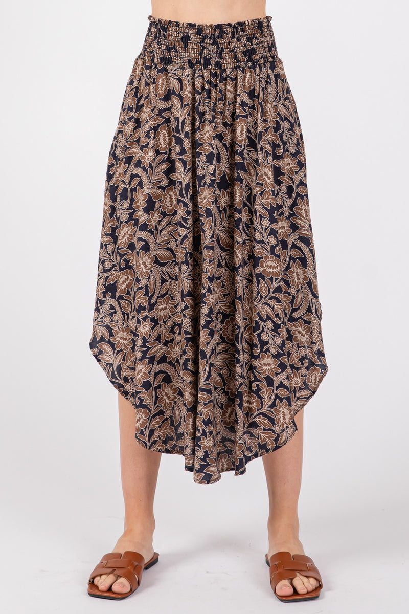 FLORAL PRINT SMOCKED WAIST MIDI SKIRT - INK COMBO