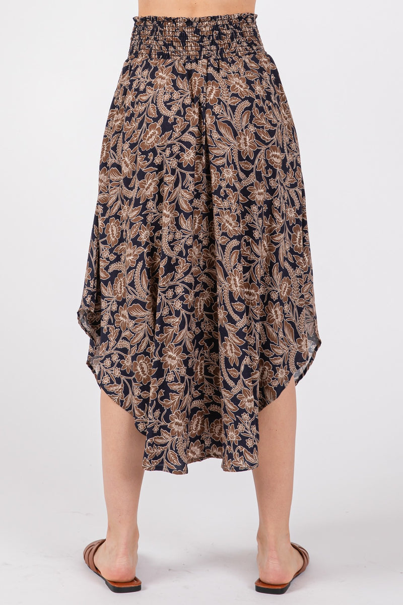 FLORAL PRINT SMOCKED WAIST MIDI SKIRT - INK COMBO