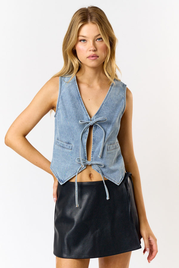 TIE FRONT DENIM VEST - LT DENIM