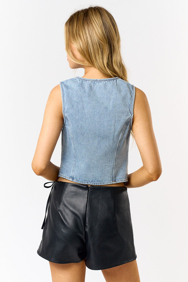 TIE FRONT DENIM VEST - LT DENIM