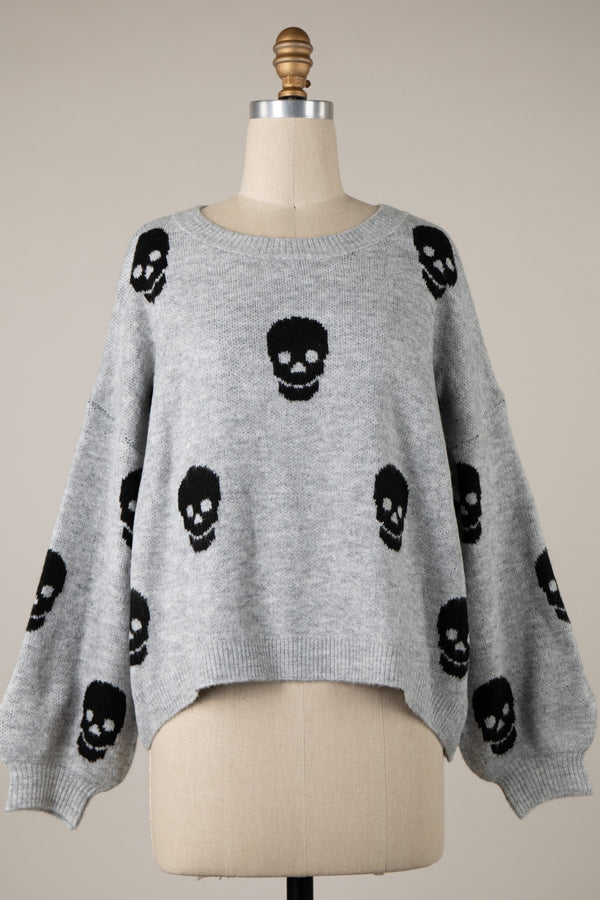 SKULL PATTERN OVERSIZED SWEATER - SILVER