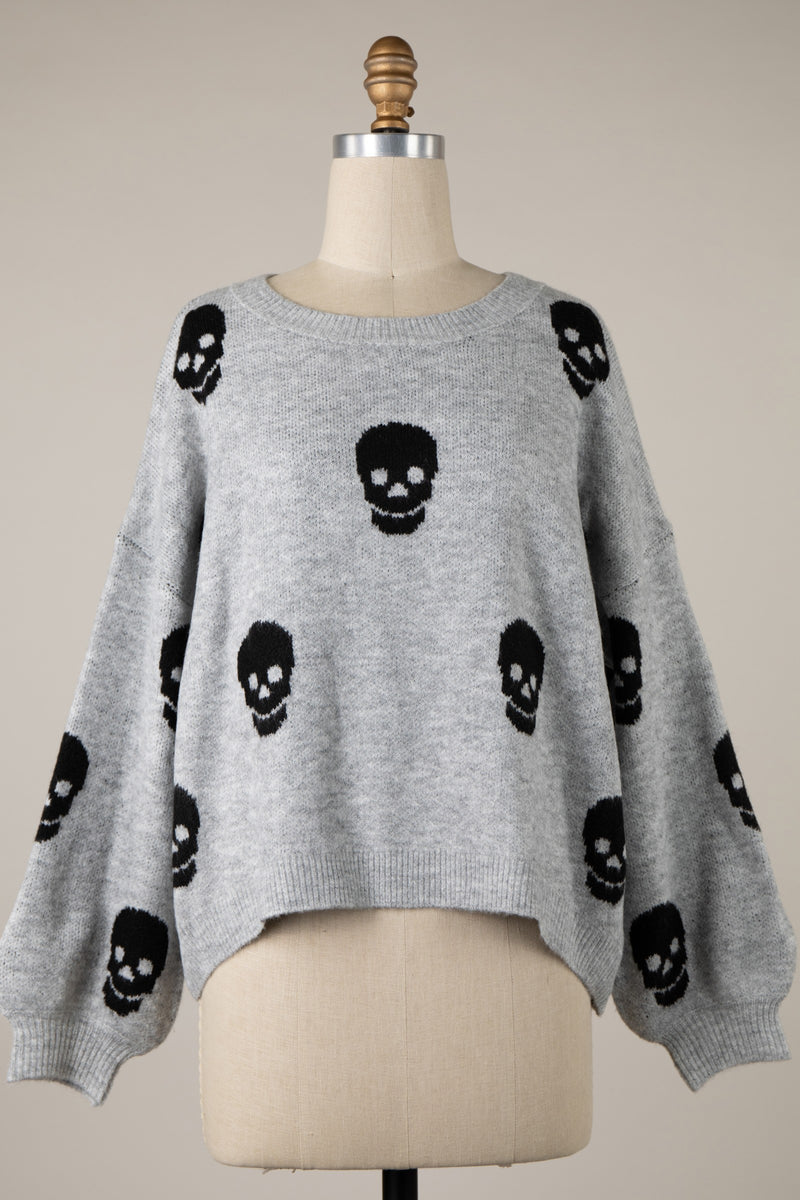 SKULL PATTERN OVERSIZED SWEATER - SILVER