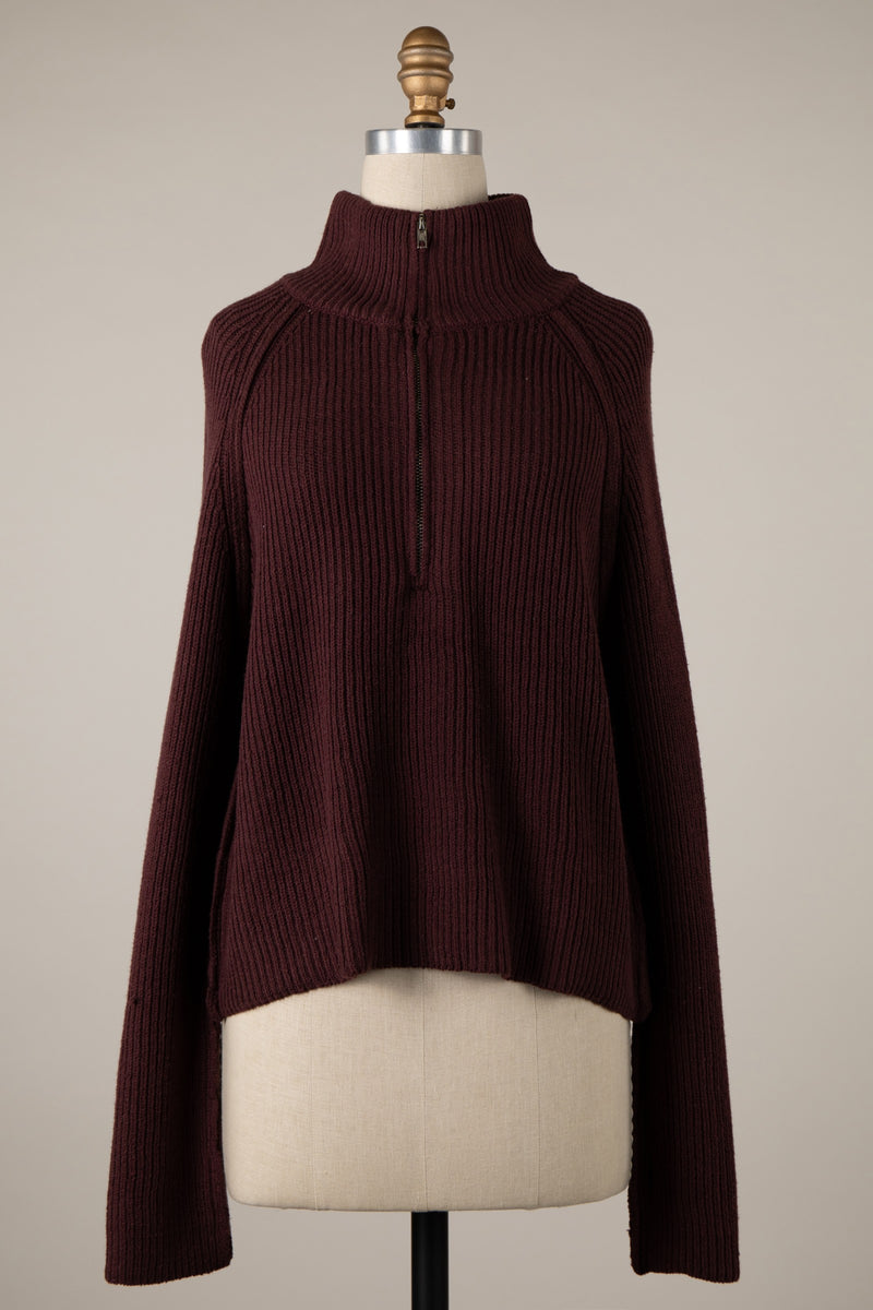 HALF ZIP RIBBED SWEATER - PLUM