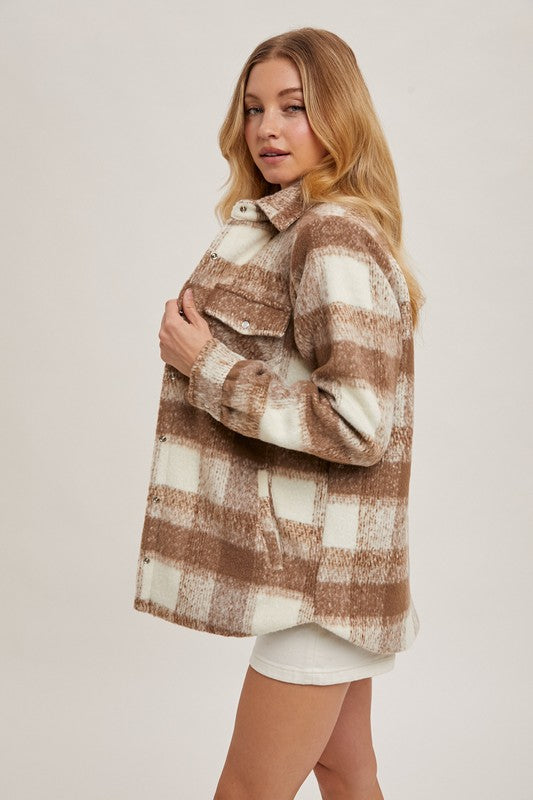 SNAP FRONT PLAID SHACKET - MOCHA COMBO