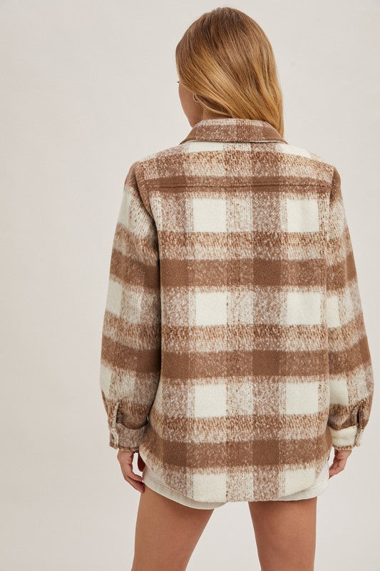 SNAP FRONT PLAID SHACKET - MOCHA COMBO