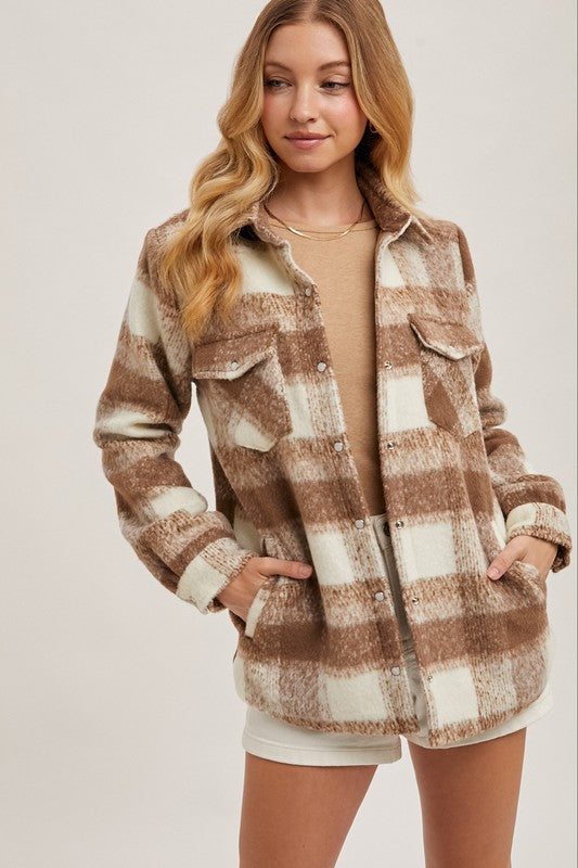 SNAP FRONT PLAID SHACKET - MOCHA COMBO