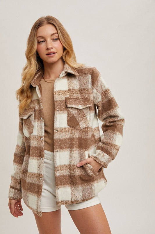 SNAP FRONT PLAID SHACKET - MOCHA COMBO