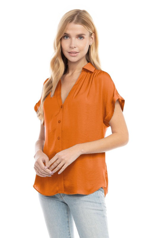 SHORT SLEEVE BUTTON FRONT BLOUSE - CARROT