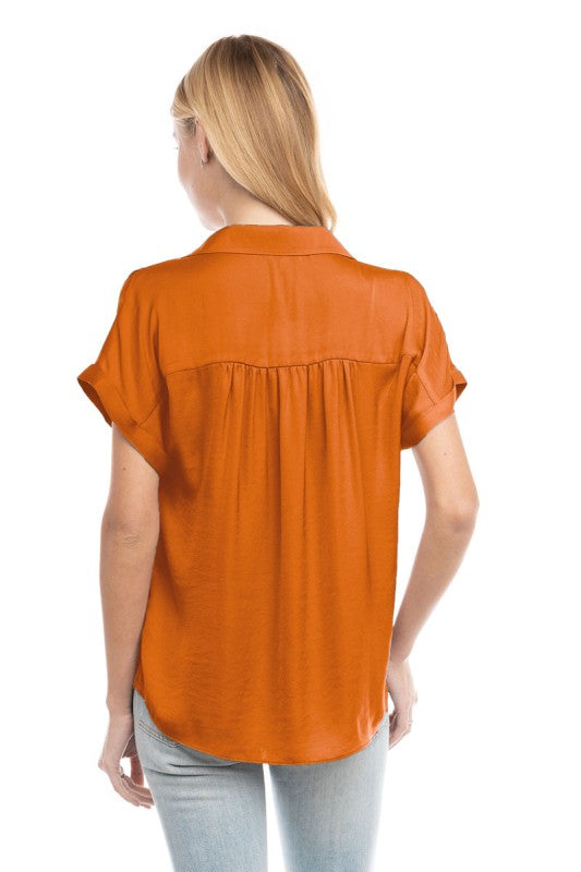 SHORT SLEEVE BUTTON FRONT BLOUSE - CARROT