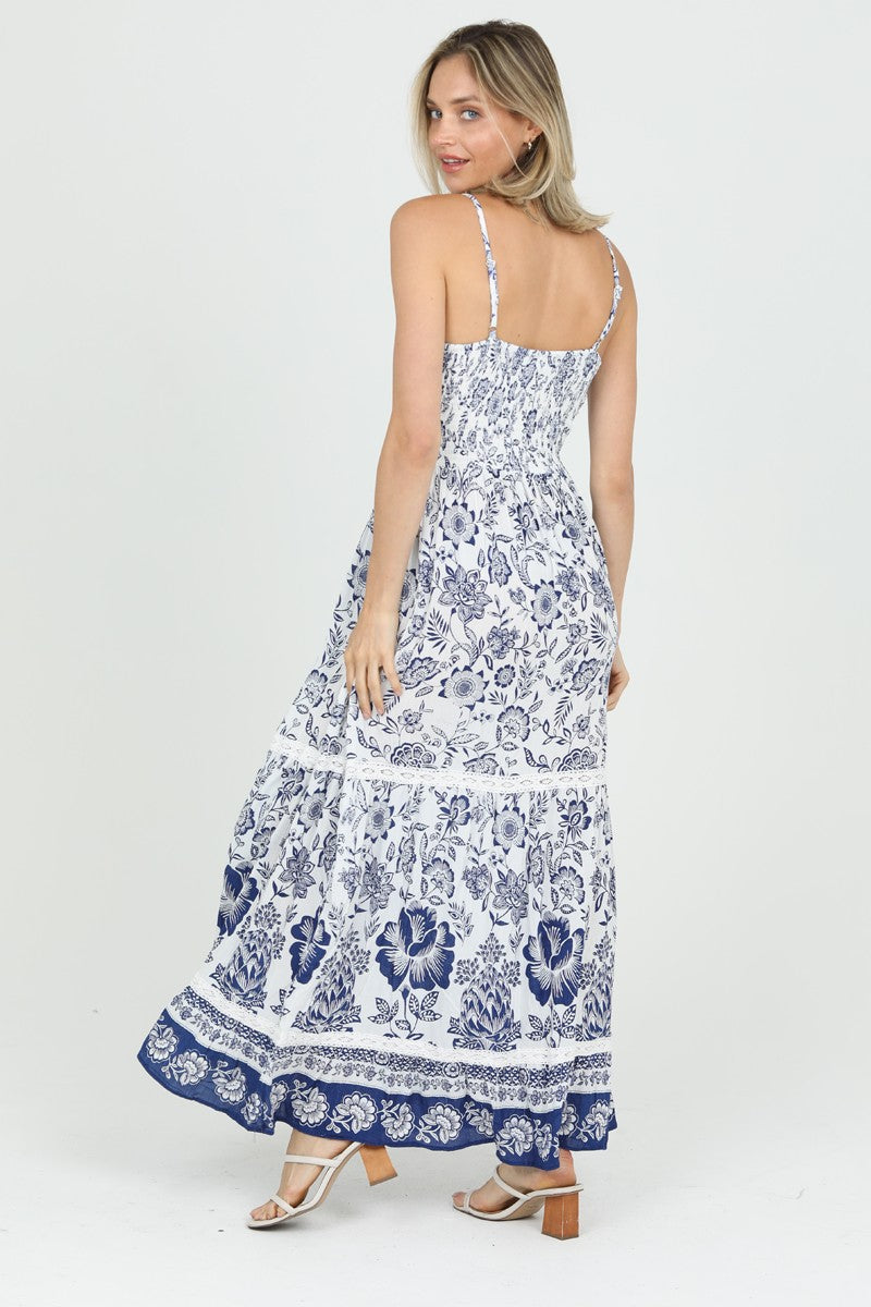 CUT OUT FLORAL MAXI DRESS - IVORY/BLUE