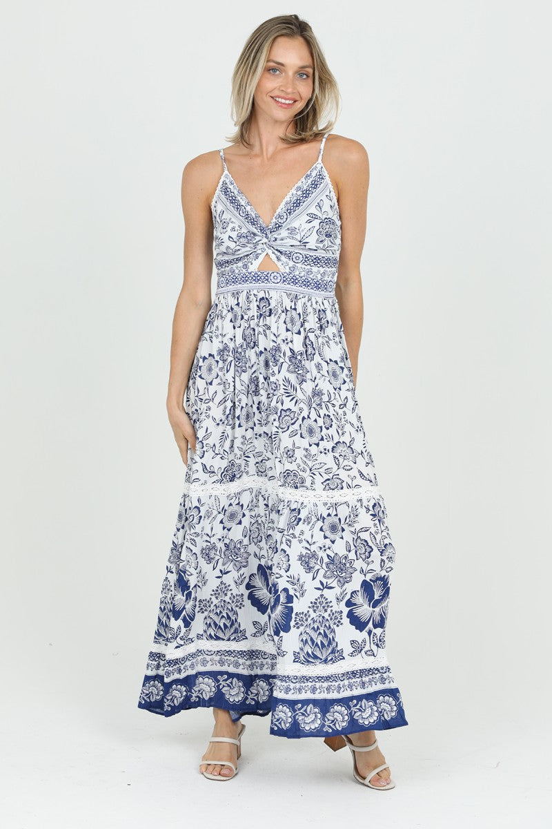 CUT OUT FLORAL MAXI DRESS - IVORY/BLUE