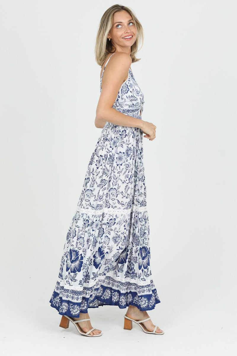 CUT OUT FLORAL MAXI DRESS - IVORY/BLUE