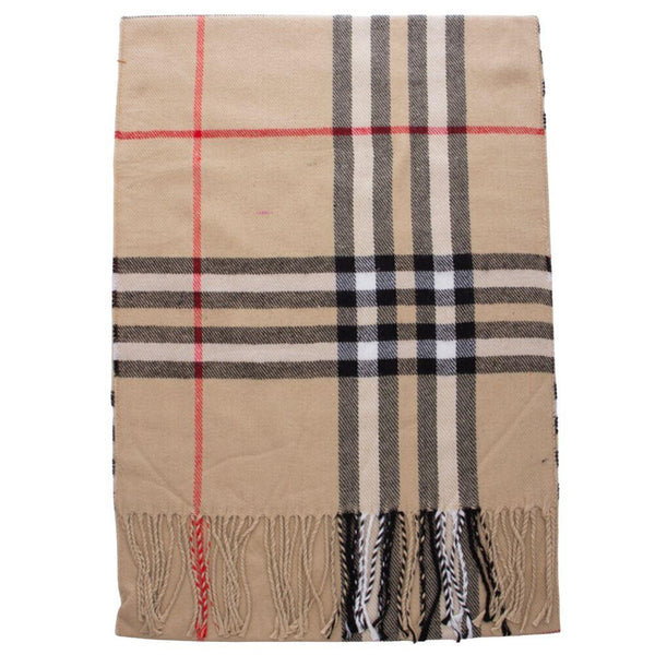 PLAID FRINGE OBLONG SCARF - TAN