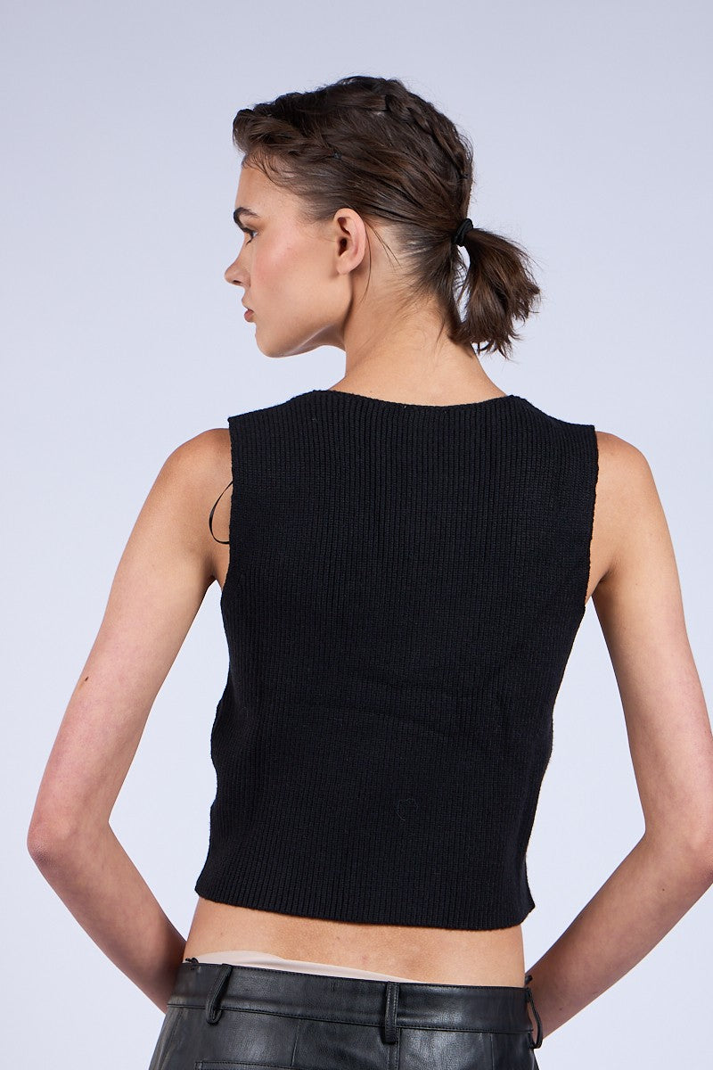 LACE RIBBON TRIM SWEATER VEST - BLACK