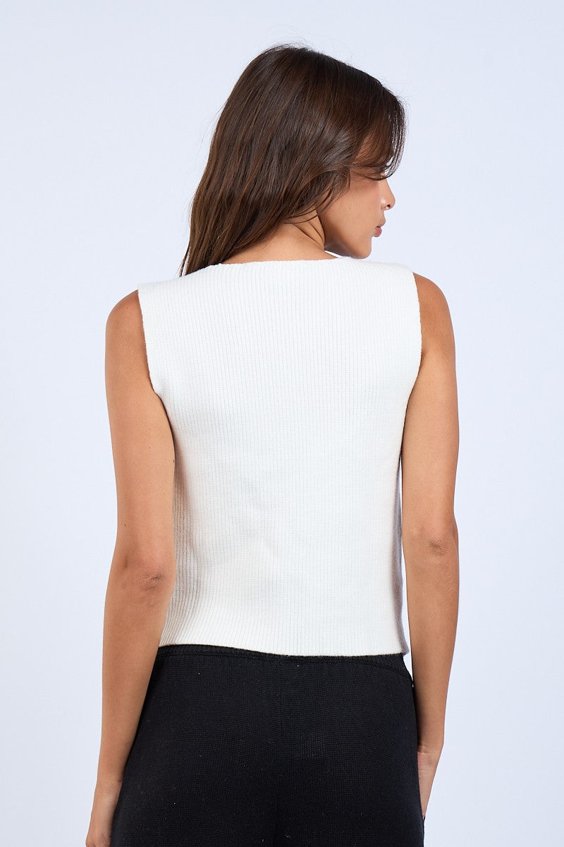 LACE RIBBON TRIM SWEATER VEST - WHITE