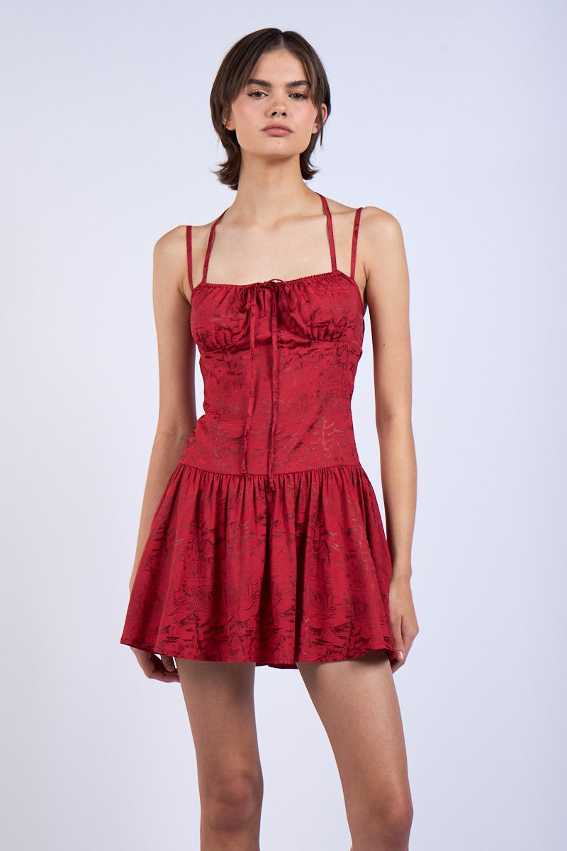 SATIN JACQUARD MINI DRESS - RED