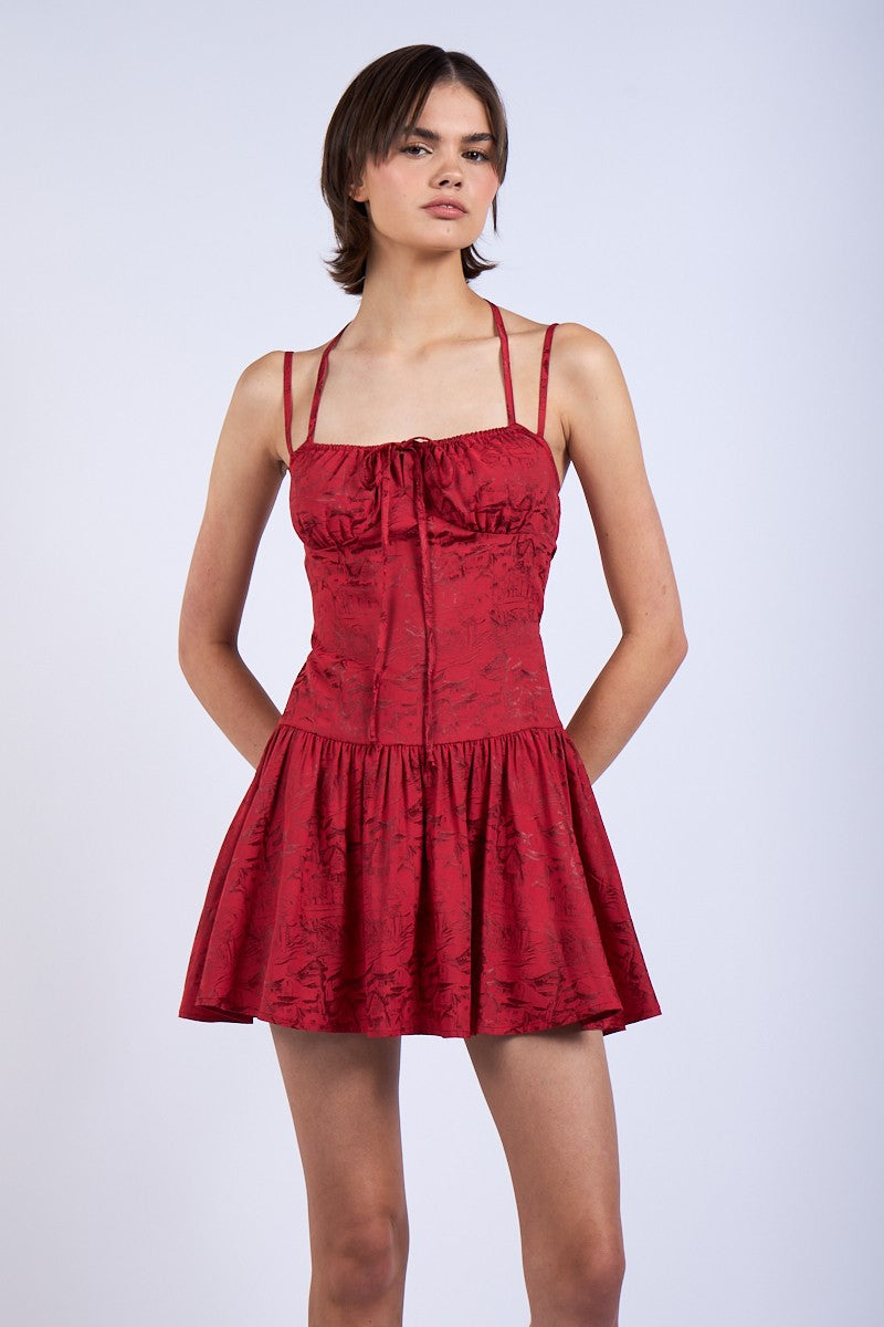 SATIN JACQUARD MINI DRESS - RED