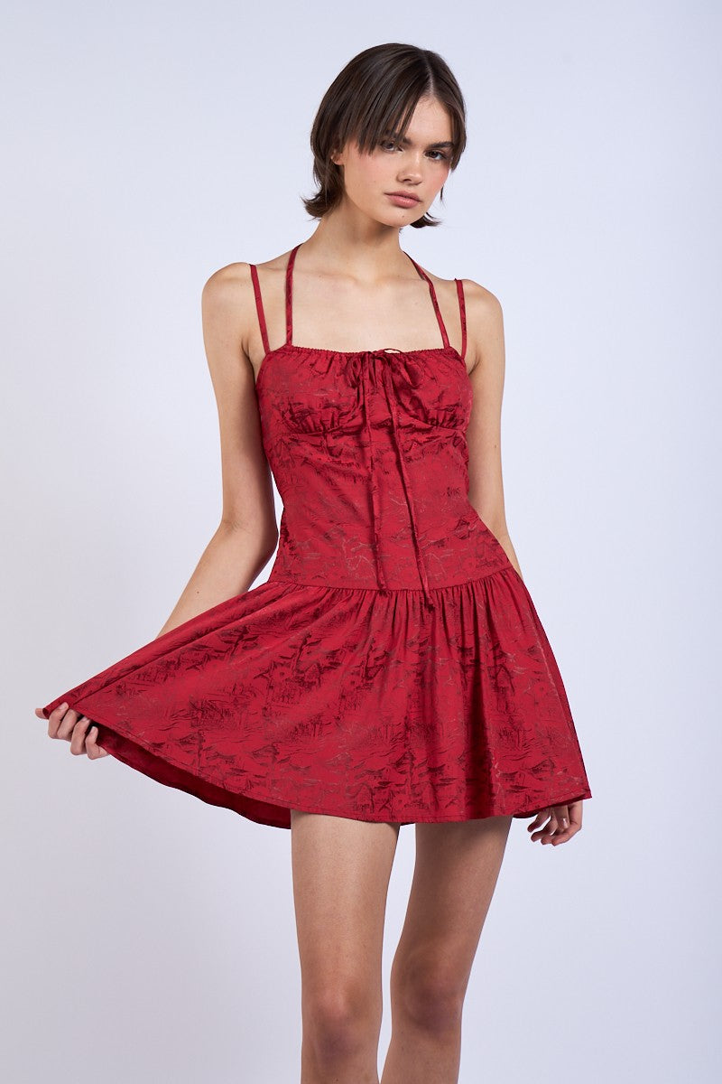 SATIN JACQUARD MINI DRESS - RED