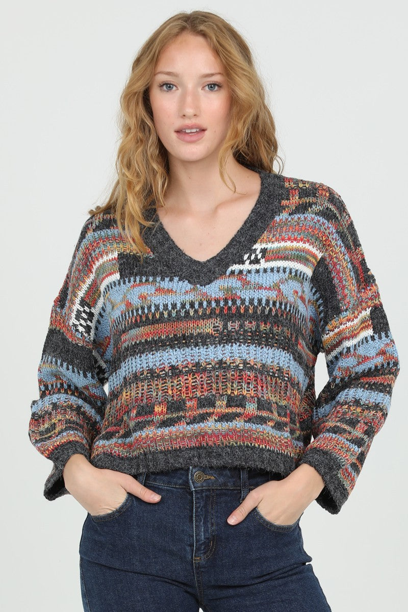 PATTERNED V-NECK SWEATER - MULTI