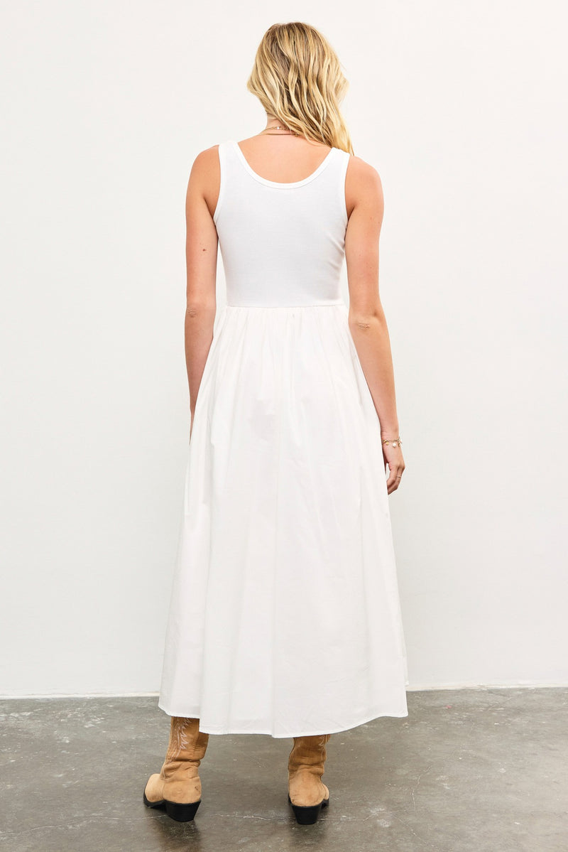 SCOOP NECK SHIRRED WAIST DRESS - WHITE