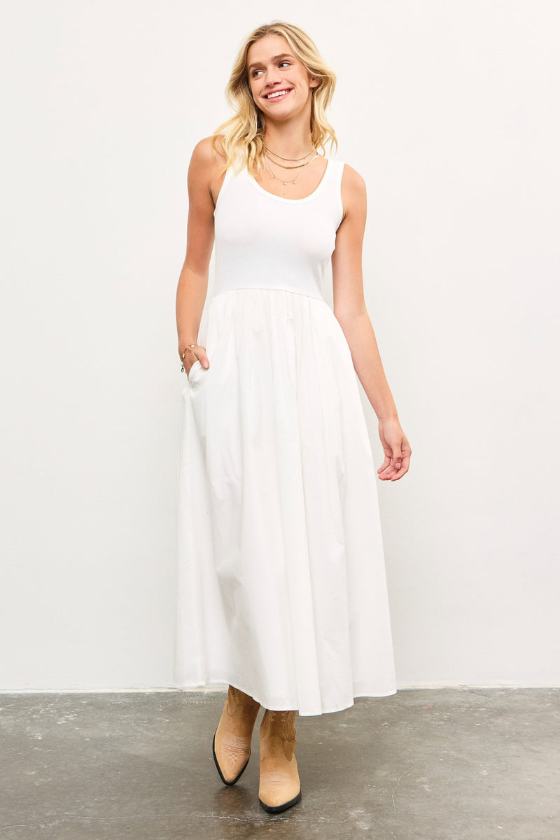 SCOOP NECK SHIRRED WAIST DRESS - WHITE