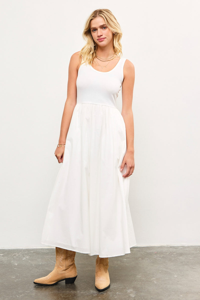 SCOOP NECK SHIRRED WAIST DRESS - WHITE