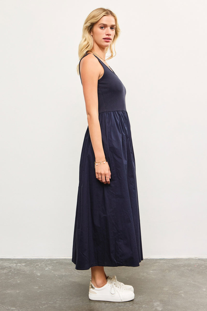 MIXED MEDIA FLARE MIDI DRESS - MIDNIGHT