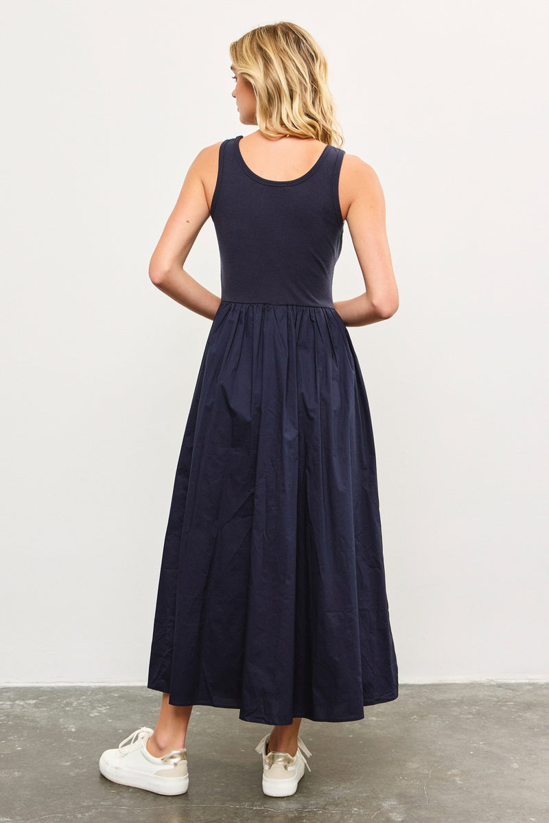 MIXED MEDIA FLARE MIDI DRESS - MIDNIGHT