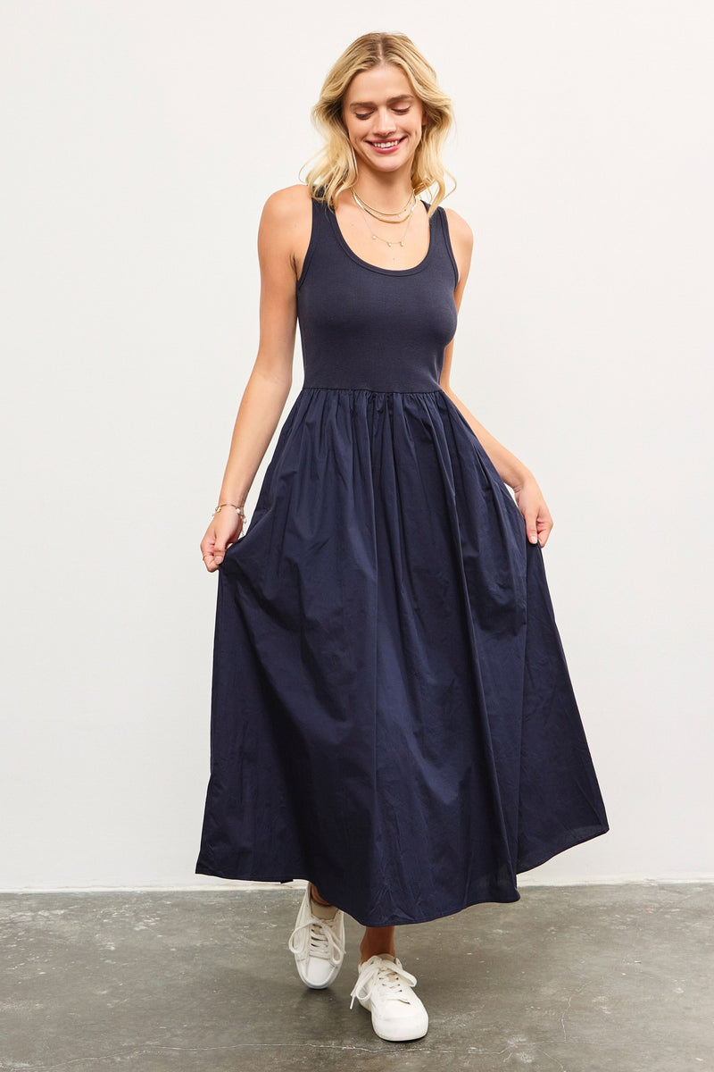 MIXED MEDIA FLARE MIDI DRESS - MIDNIGHT