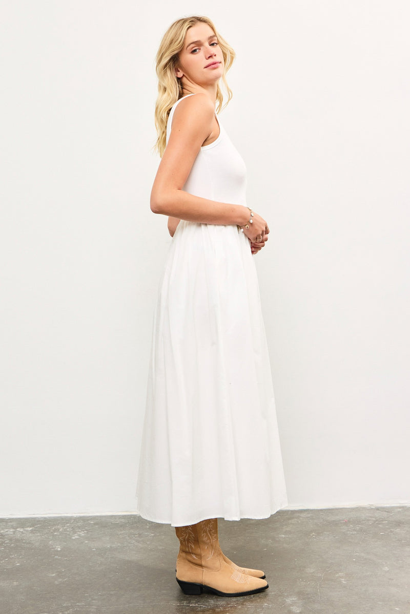 SCOOP NECK SHIRRED WAIST DRESS - WHITE