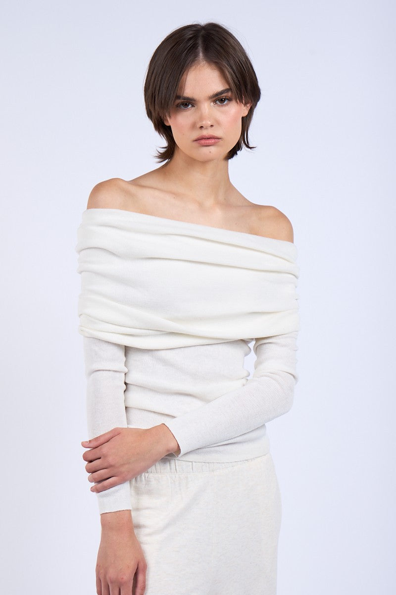OVERFOLD OFF-SHOULDER  SWEATER TOP - WHITE