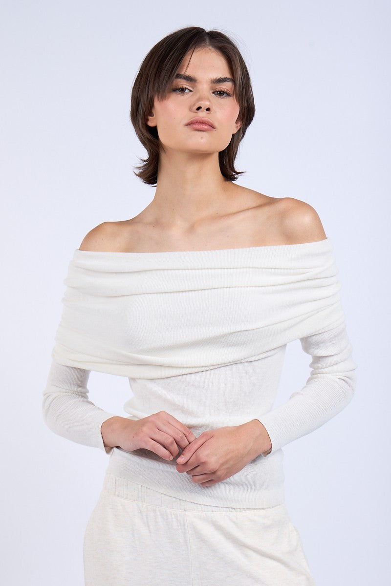 OVERFOLD OFF-SHOULDER  SWEATER TOP - WHITE