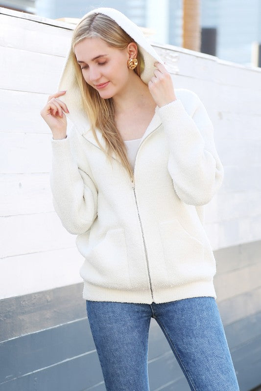 SOLID COLOR COZY ZIP HOODIE - IVORY