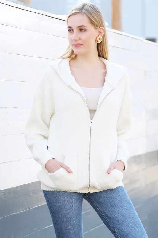 SOLID COLOR COZY ZIP HOODIE - IVORY