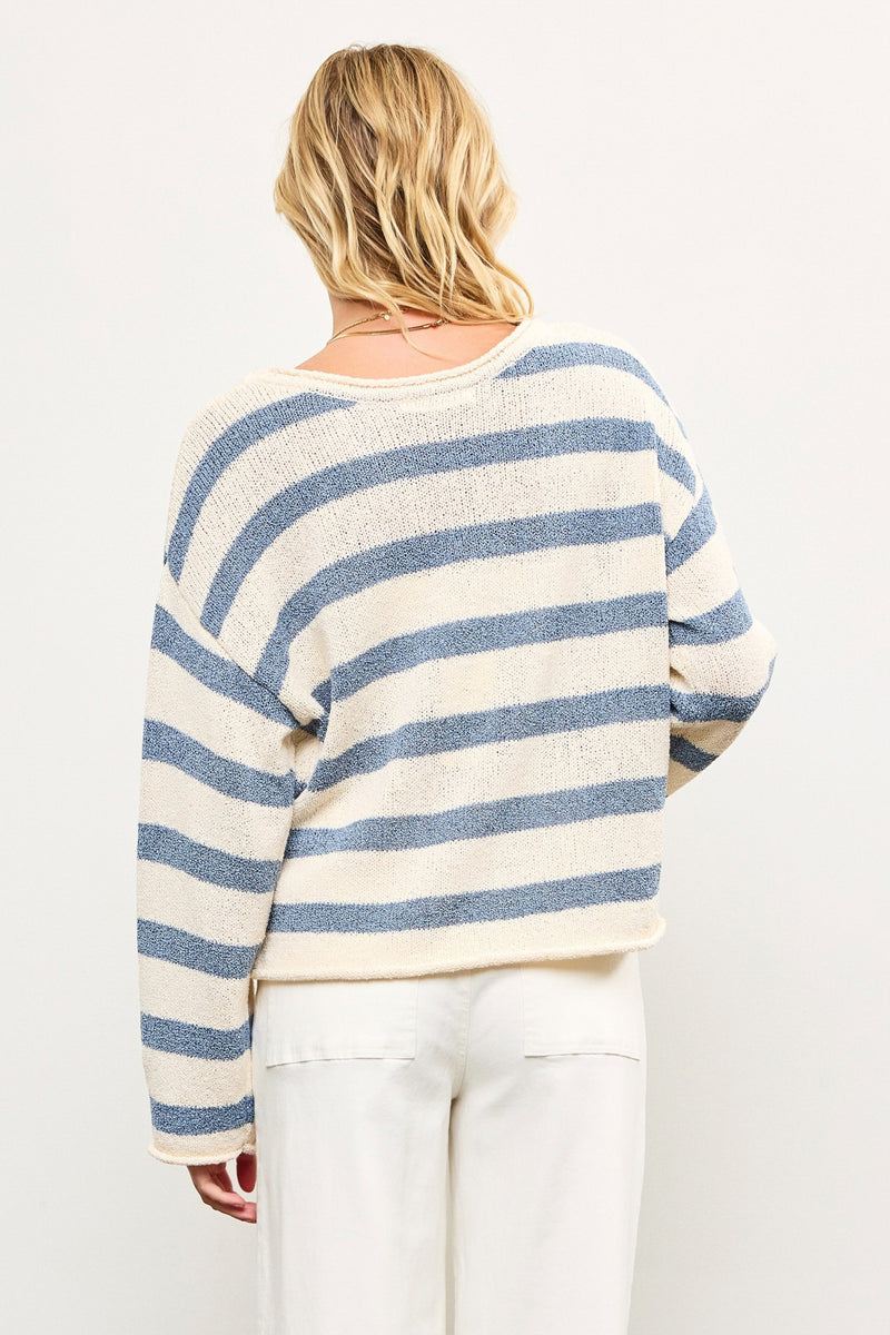 STRIPED TEXTURE KNIT SWEATER - DENIM COMBO