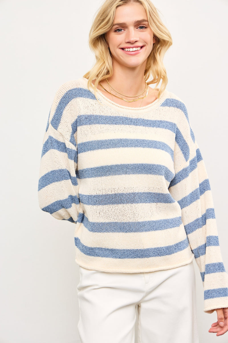 STRIPED TEXTURE KNIT SWEATER - DENIM COMBO