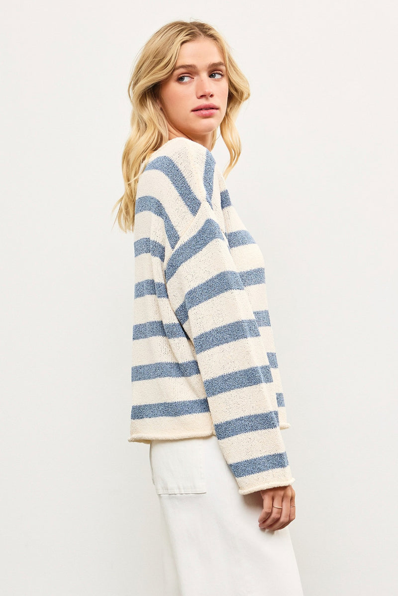 STRIPED TEXTURE KNIT SWEATER - DENIM COMBO