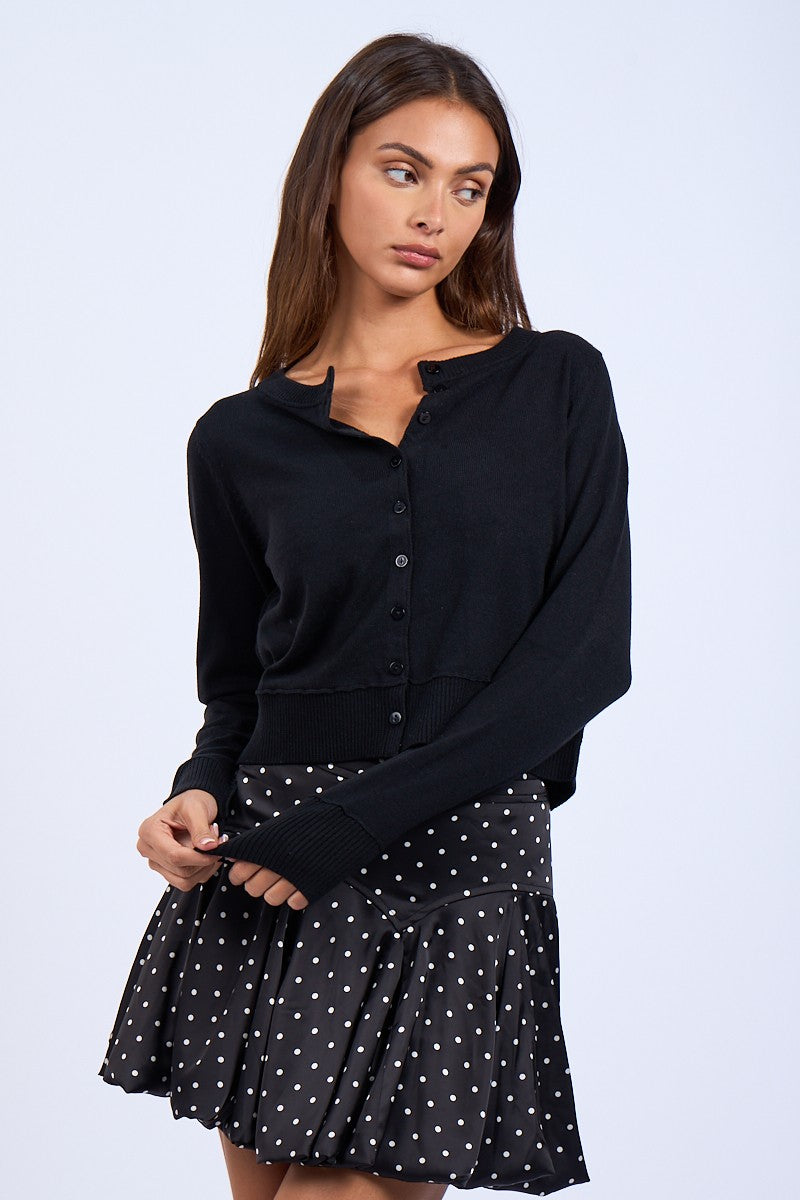 FRONT BUTTON KNIT CARDIGAN - BLACK