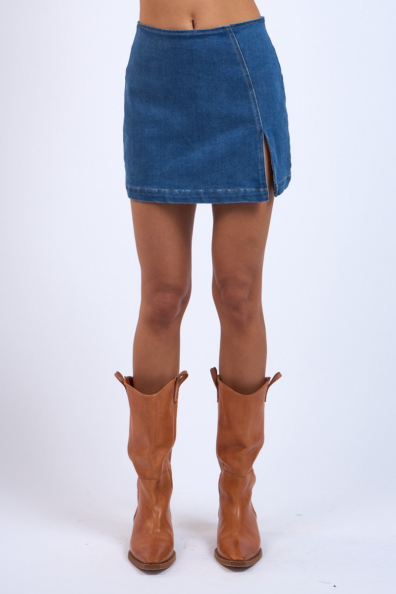 SIDE SLIT FIT IT MINI SKIRT - DENIM