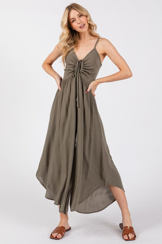 FRONT RUCHED MIDI JUMPSUIT - SAGE GREEN
