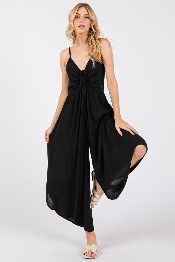 FRONT RUCHED MIDI JUMPSUIT - BLACK