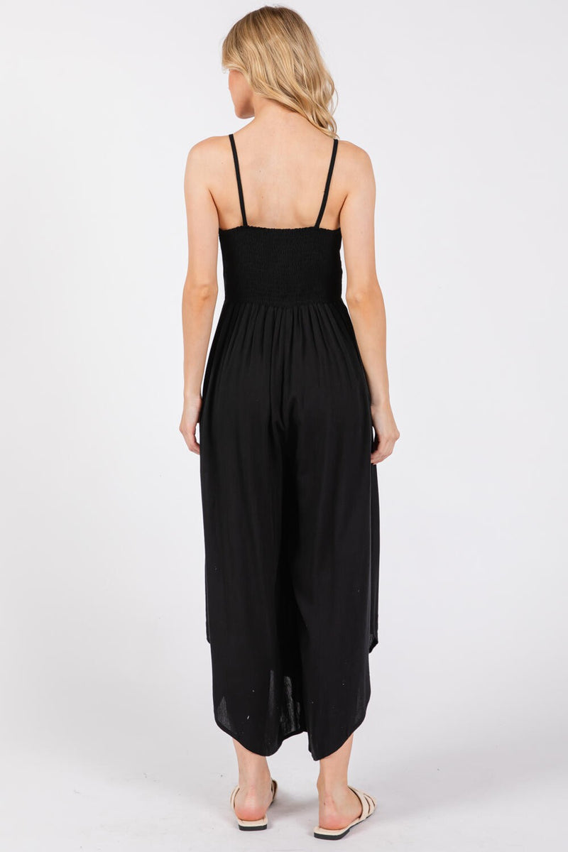 FRONT RUCHED MIDI JUMPSUIT - BLACK