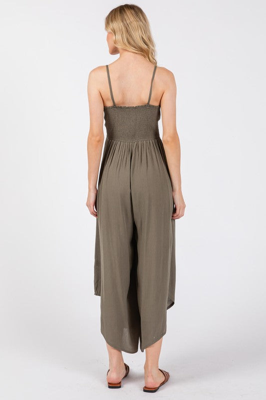 FRONT RUCHED MIDI JUMPSUIT - SAGE GREEN
