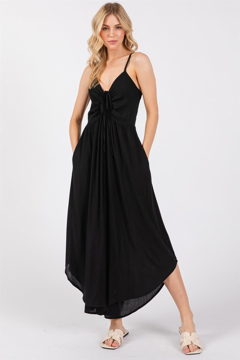 FRONT RUCHED MIDI JUMPSUIT - BLACK