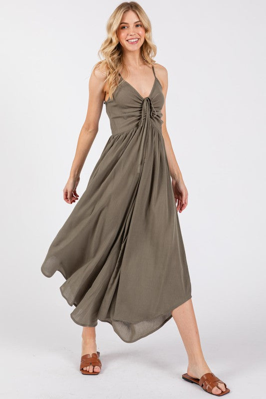 FRONT RUCHED MIDI JUMPSUIT - SAGE GREEN