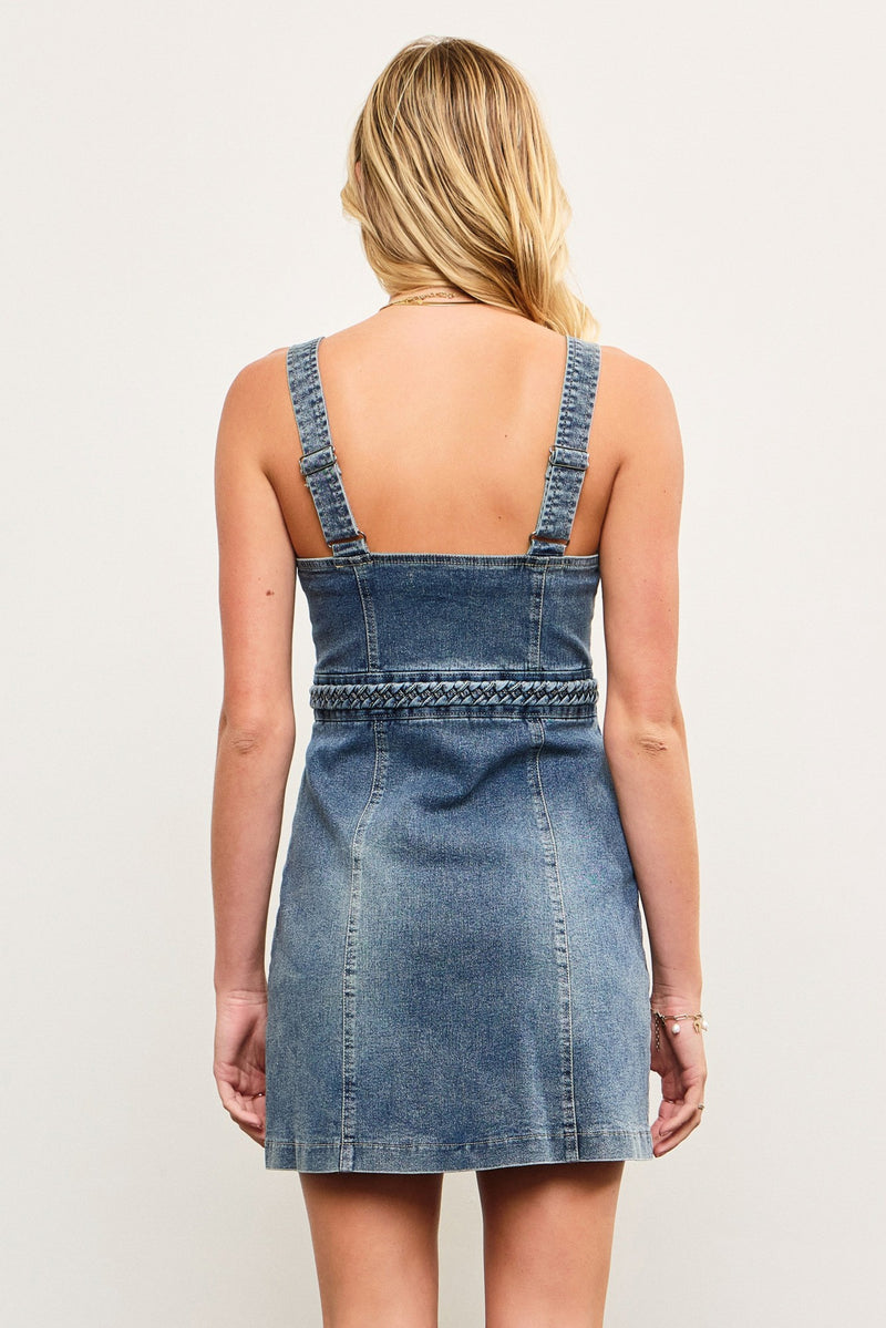 FRONT ZIP SLEEVELESS DENIM DRESS - SANDWASH