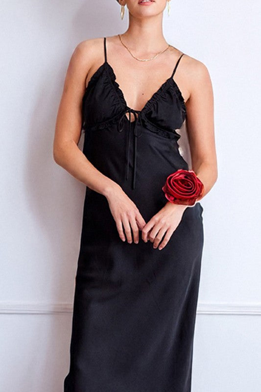 OPEN BACK SATIN MAXI DRESS - BLACK