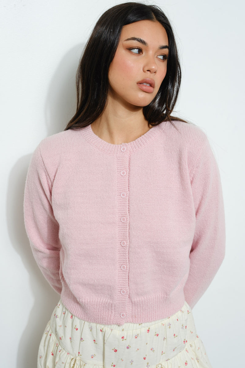 BASIC BUTTON DOWN CARDIGAN - DUSTY PINK