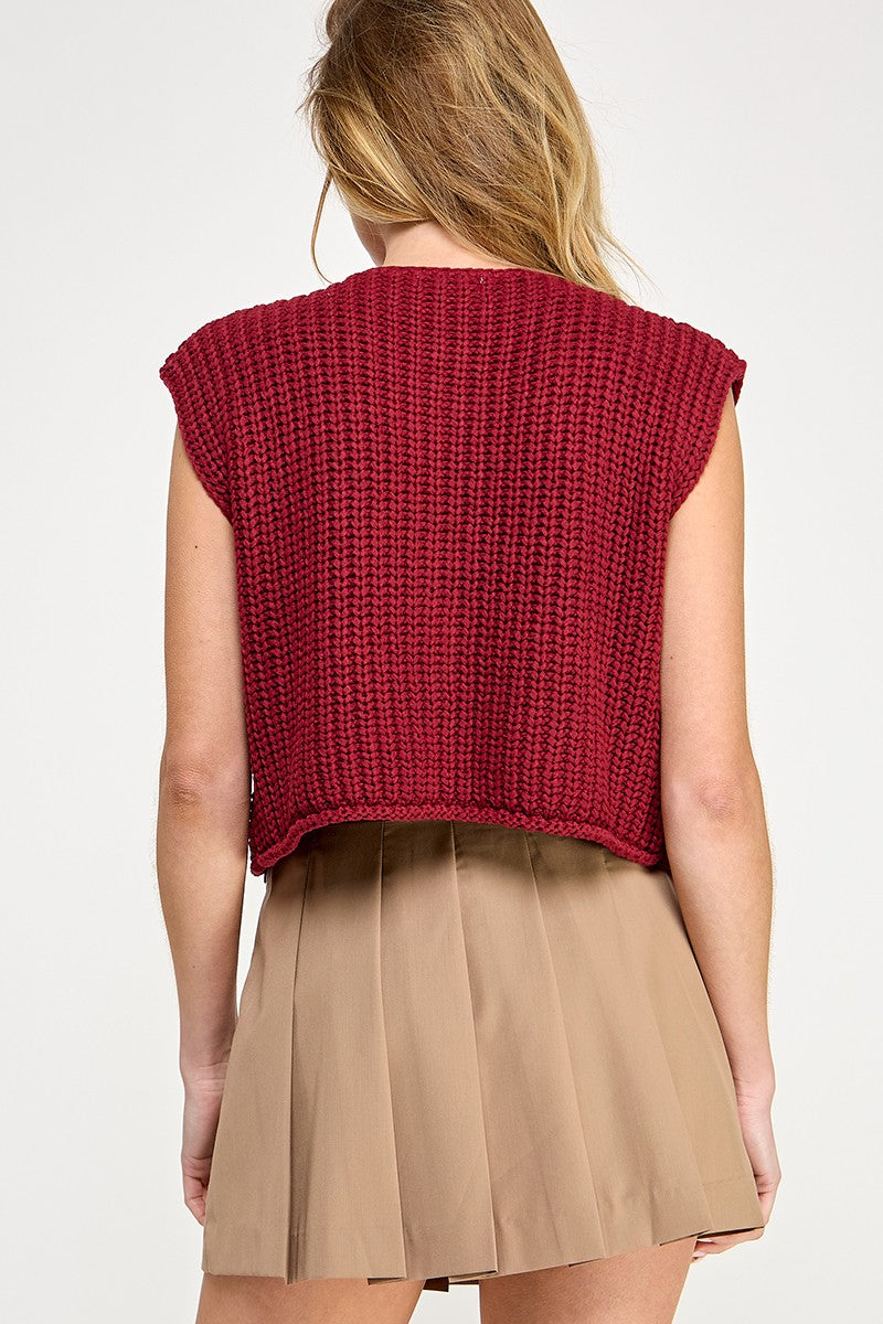 CHUNKY KNIT SWEATER VEST - BURGUNDY