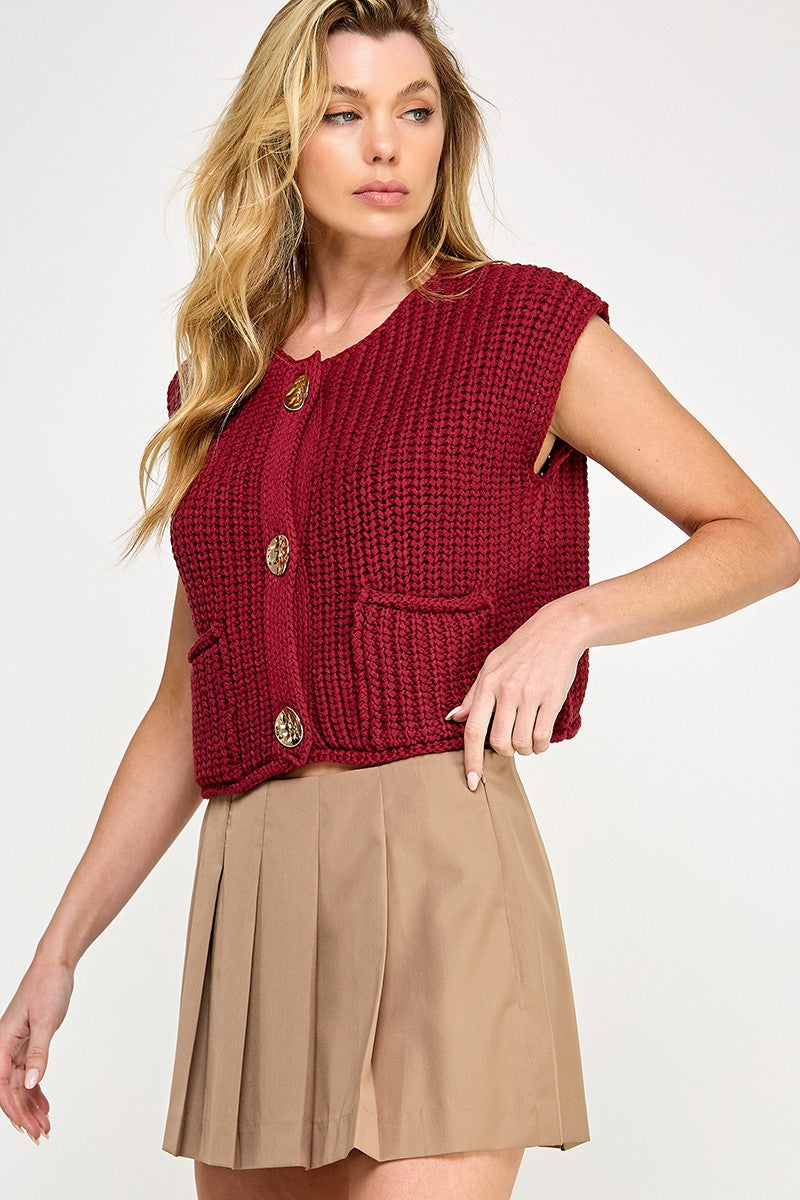 CHUNKY KNIT SWEATER VEST - BURGUNDY